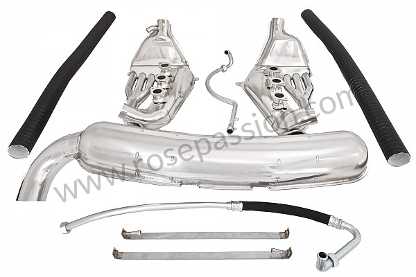 P106565 - Complete super sports stainless steel exhaust kit 1 x 84 mm outlet contains 2 stainless steel heat exchangers + 1 stainless steel silencer + 2 oil hoses + 2 stainless steel straps +  2 hoses for heating system modification for Porsche 911 G • 1976 • 3.0 carrera • Coupe • Automatic gearbox