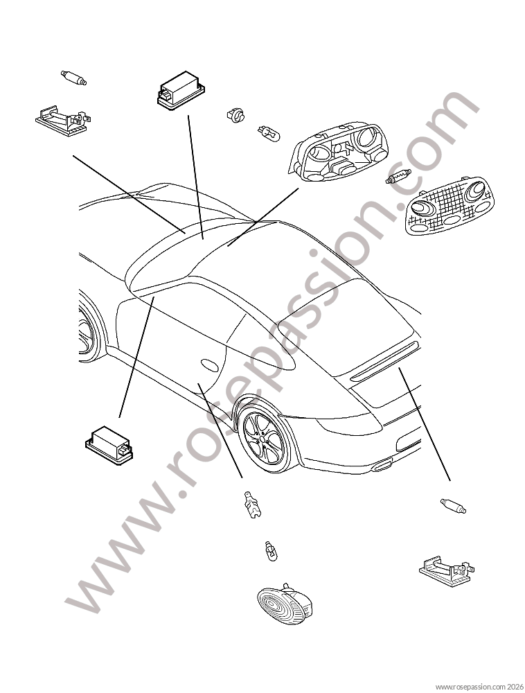 Plafonniers / &eacute;clairage du coffre / &eacute;clairage compartiment moteur / &eacute;clairage boite &agrave; gants / &eacute;clairage de plancher pour Porsche 997 Turbo / 997T2 / 911 Turbo / Gt2 Rs &bull; 2013 &bull; 997 Turbo &bull; Cabrio &bull; Boite Manuelle 6 Vitesses